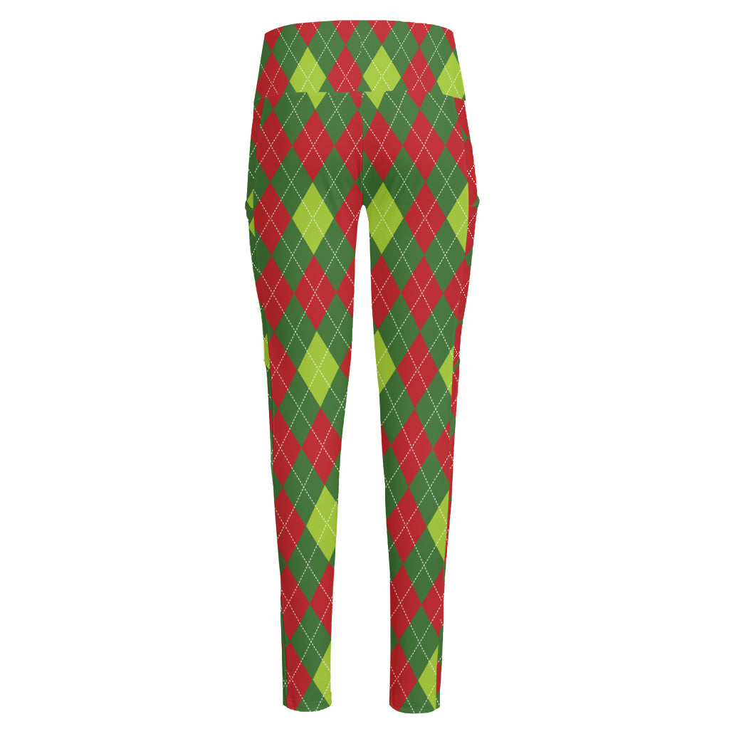 Green And Red Christmas Argyle Print High-Waisted Pocket Leggings