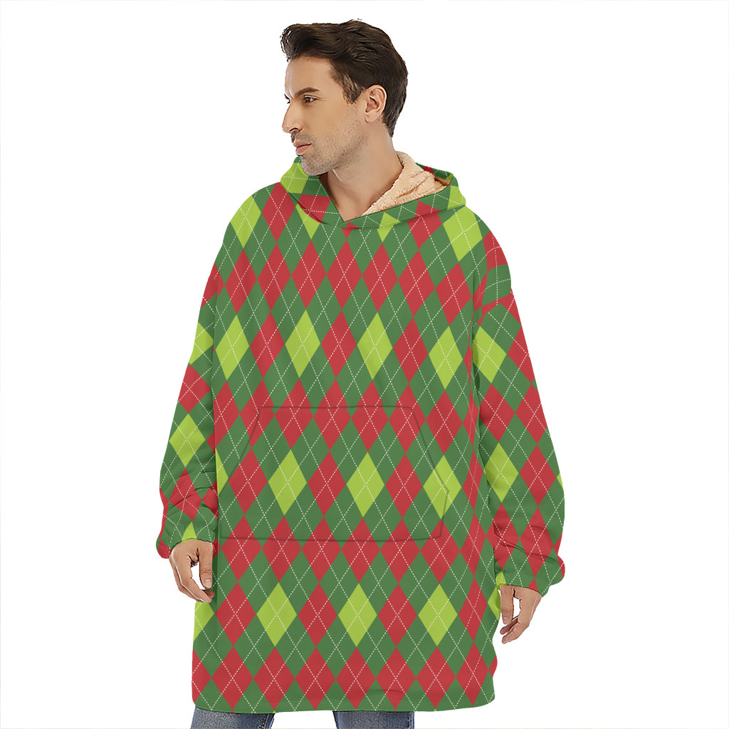 Green And Red Christmas Argyle Print Hoodie Blanket