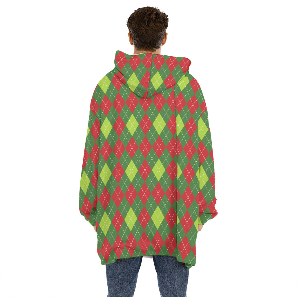 Green And Red Christmas Argyle Print Hoodie Blanket