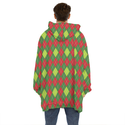 Green And Red Christmas Argyle Print Hoodie Blanket