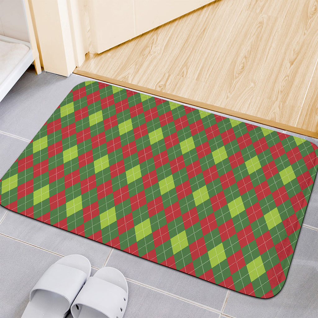 Green And Red Christmas Argyle Print Indoor Door Mat