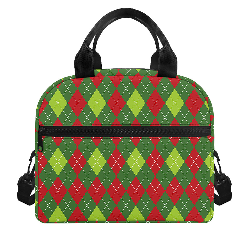 Green And Red Christmas Argyle Print Insulated Lunch Bag
