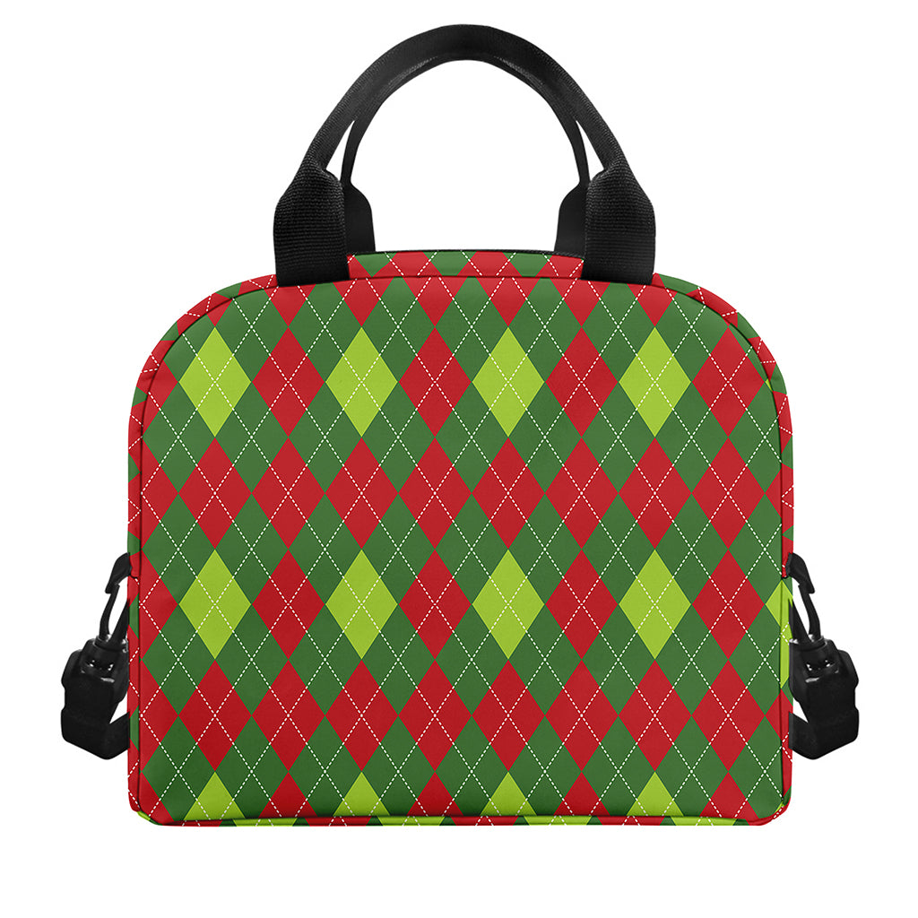 Green And Red Christmas Argyle Print Insulated Lunch Bag