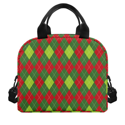Green And Red Christmas Argyle Print Insulated Lunch Bag