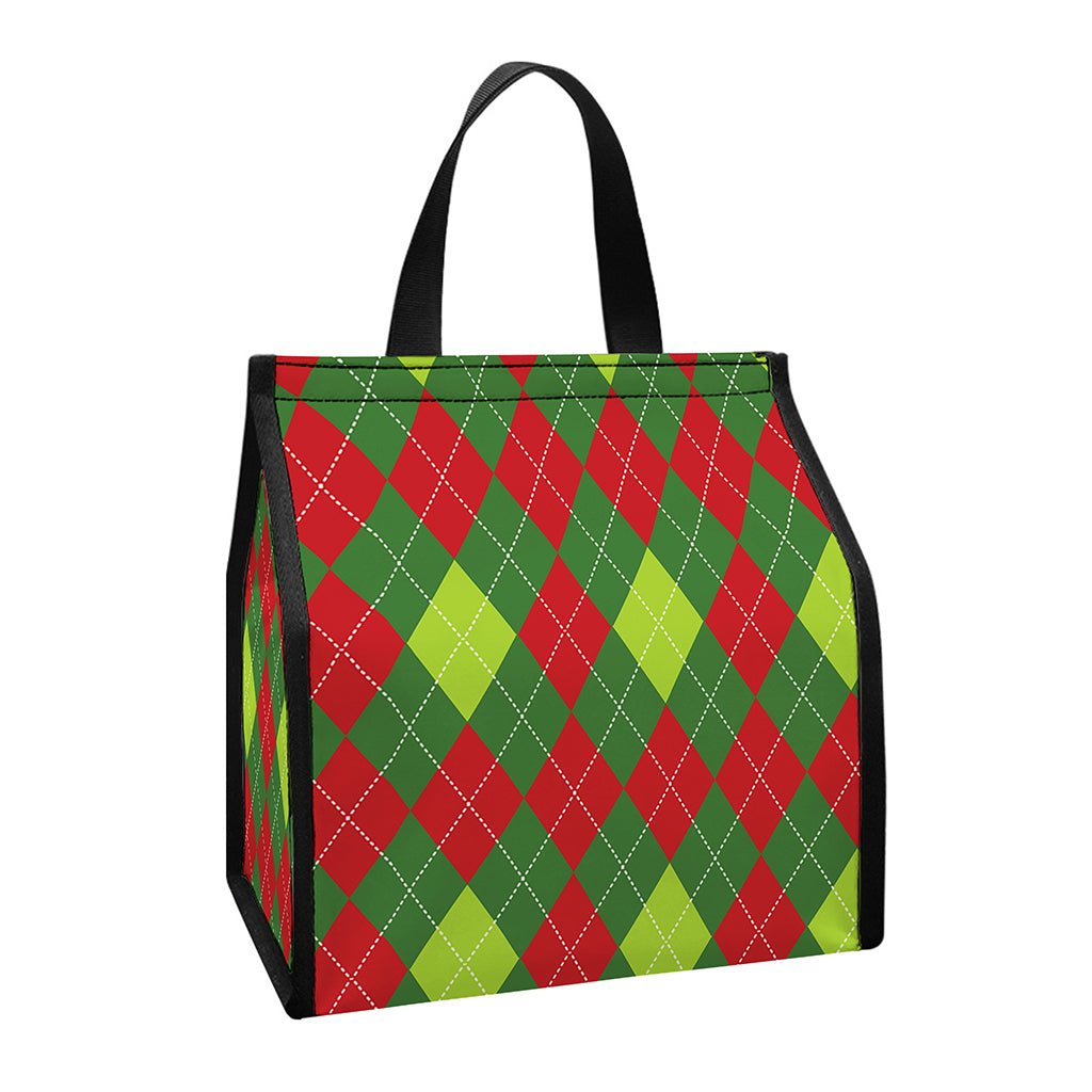 Green And Red Christmas Argyle Print Insulated Lunch Tote