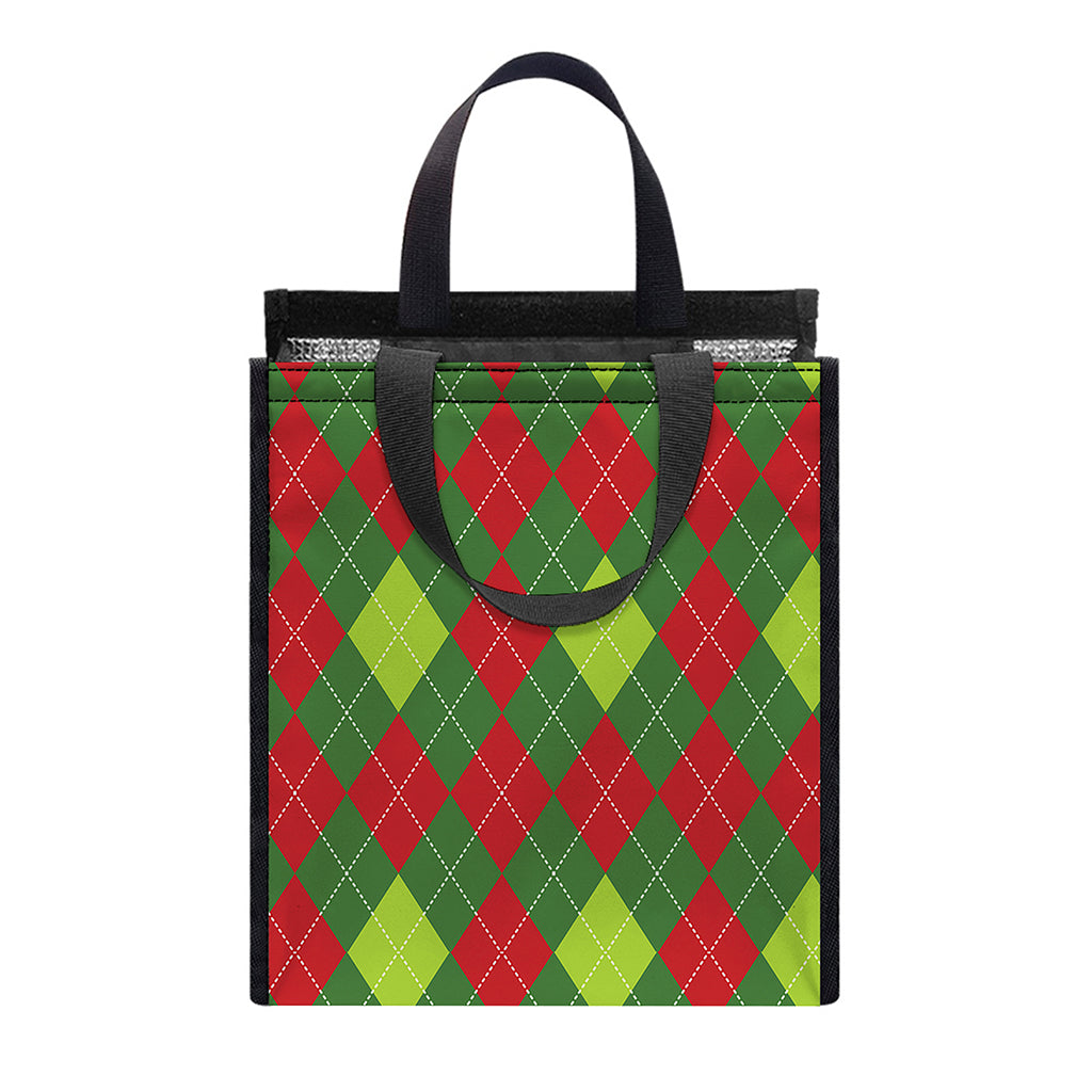 Green And Red Christmas Argyle Print Insulated Lunch Tote