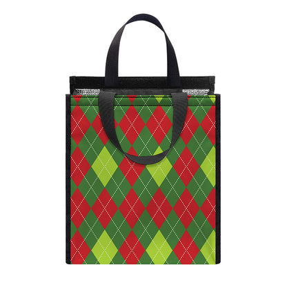 Green And Red Christmas Argyle Print Insulated Lunch Tote