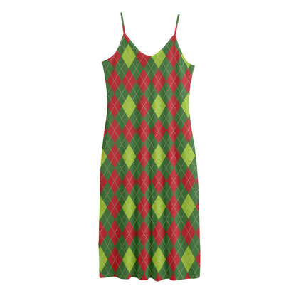 Green And Red Christmas Argyle Print Jersey Midi Cami Dress