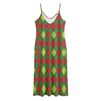 Green And Red Christmas Argyle Print Jersey Midi Cami Dress