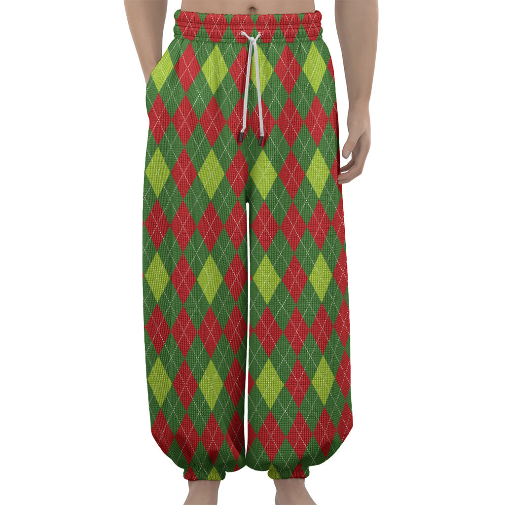 Green And Red Christmas Argyle Print Lantern Pants