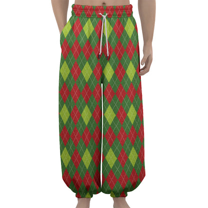 Green And Red Christmas Argyle Print Lantern Pants