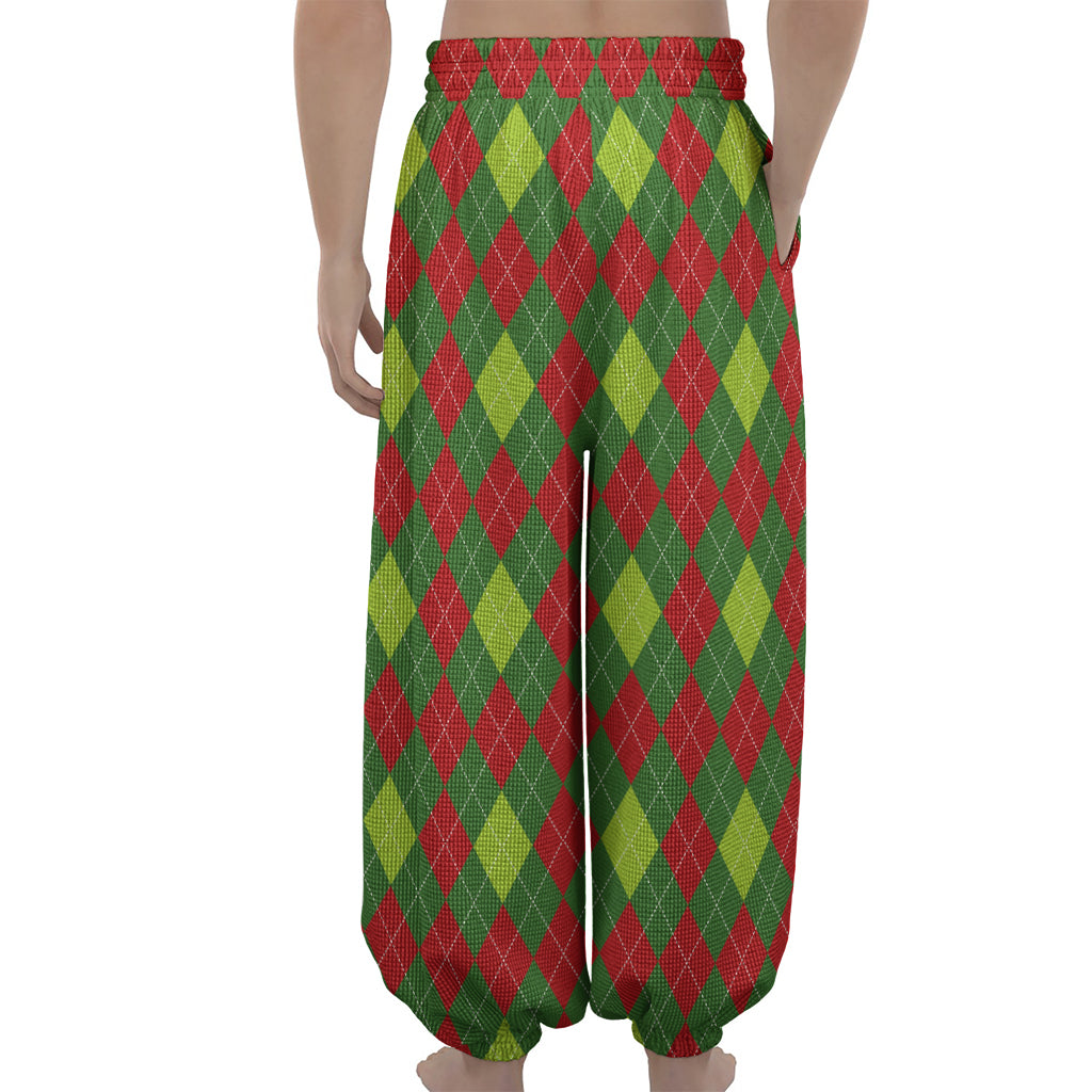 Green And Red Christmas Argyle Print Lantern Pants