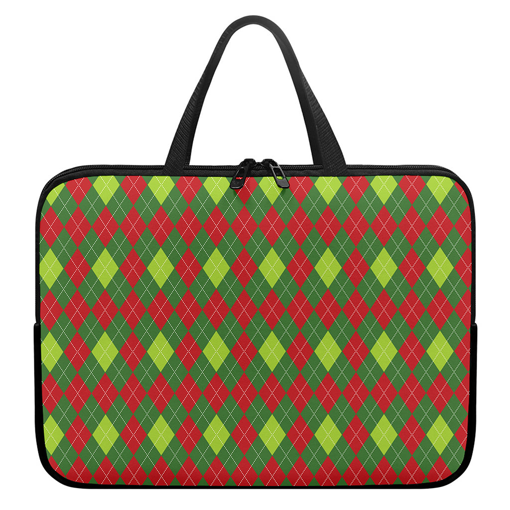 Green And Red Christmas Argyle Print Laptop Sleeve With Handle