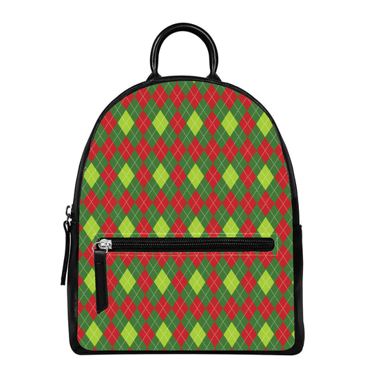 Green And Red Christmas Argyle Print Leather Backpack