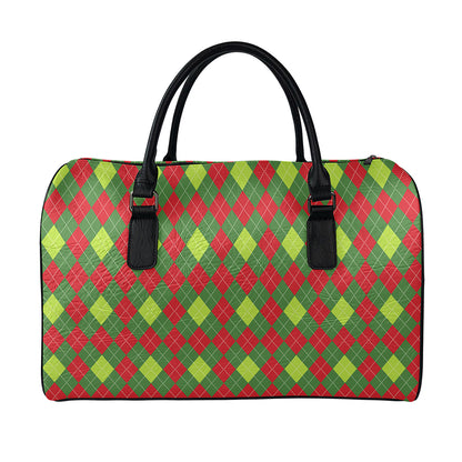 Green And Red Christmas Argyle Print Leather Duffle Bag