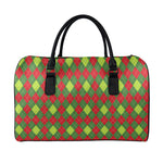 Green And Red Christmas Argyle Print Leather Duffle Bag