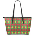 Green And Red Christmas Argyle Print Leather Tote Bag With Zipper