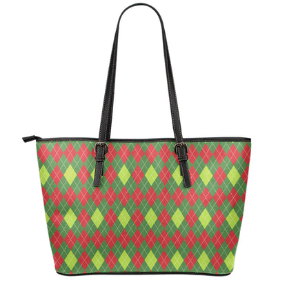 Green And Red Christmas Argyle Print Leather Tote Bag
