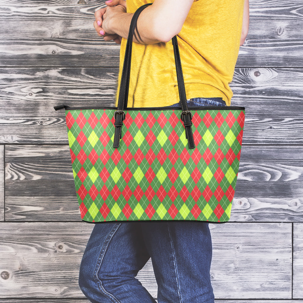 Green And Red Christmas Argyle Print Leather Tote Bag
