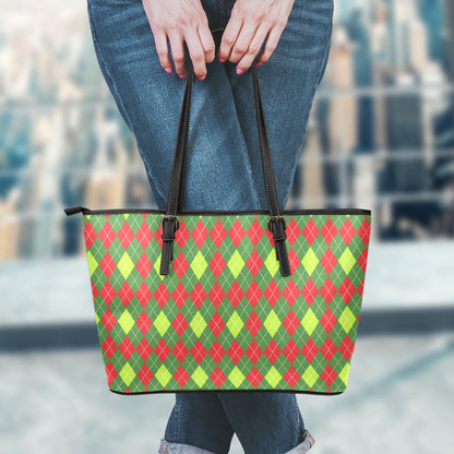Green And Red Christmas Argyle Print Leather Tote Bag