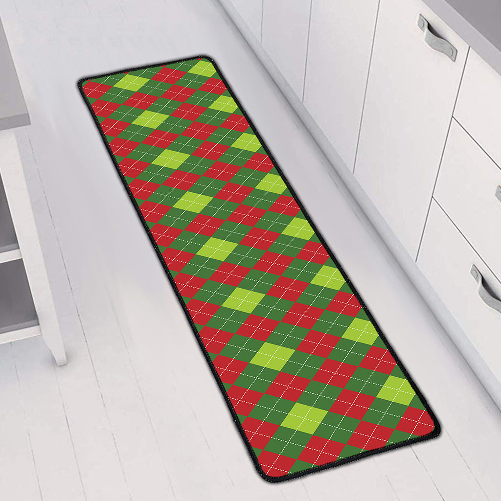 Green And Red Christmas Argyle Print Long Kitchen Mat