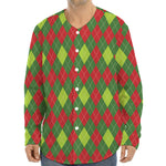 Green And Red Christmas Argyle Print Long Sleeve Baseball Jersey