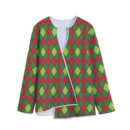 Green And Red Christmas Argyle Print Long Sleeve Short Coat