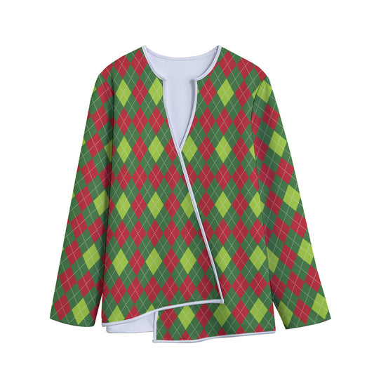 Green And Red Christmas Argyle Print Long Sleeve Short Coat