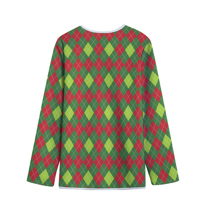 Green And Red Christmas Argyle Print Long Sleeve Short Coat