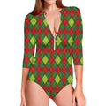 Green And Red Christmas Argyle Print Long Sleeve Swimsuit
