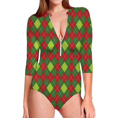 Green And Red Christmas Argyle Print Long Sleeve Swimsuit