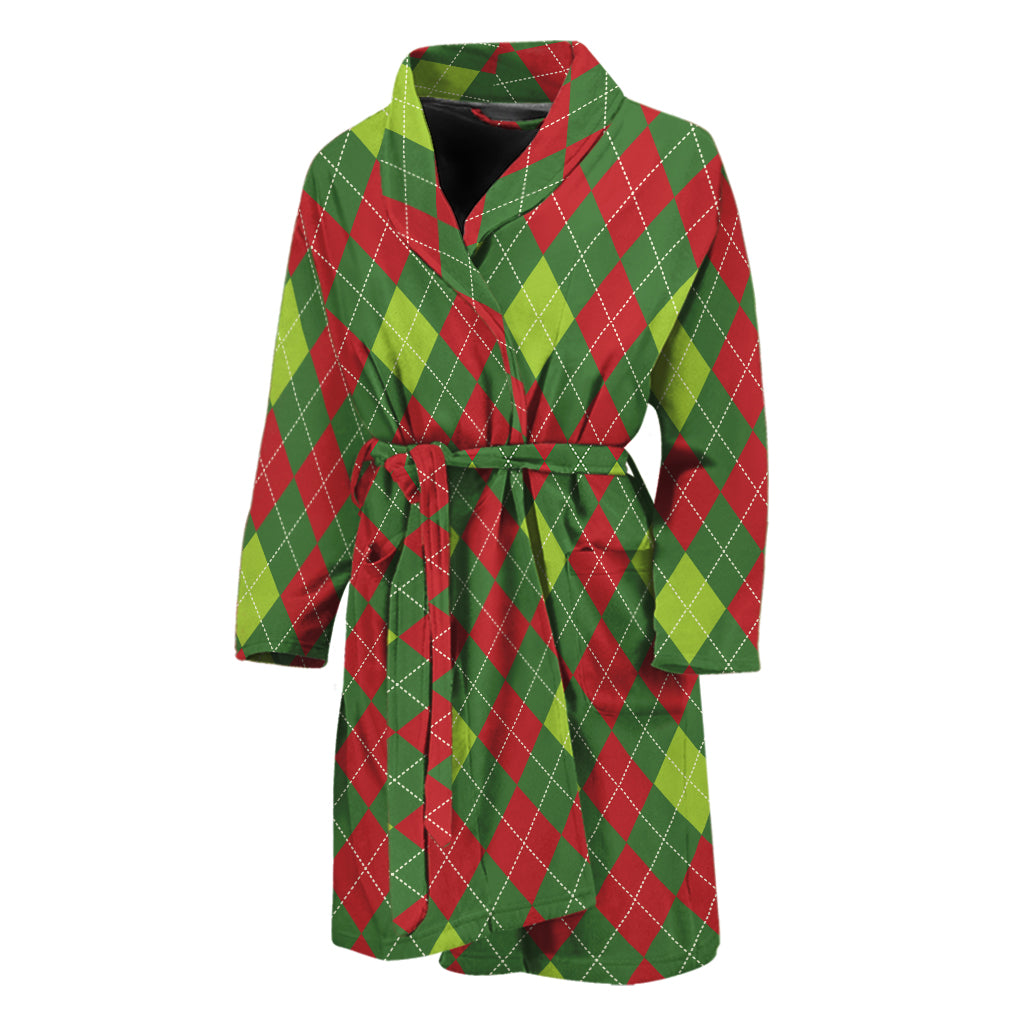 Green And Red Christmas Argyle Print Men's Bathrobe