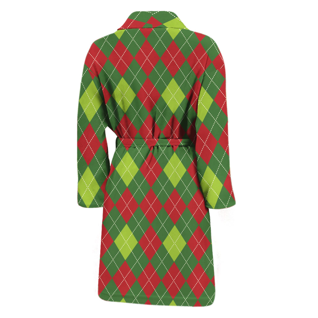 Green And Red Christmas Argyle Print Men's Bathrobe