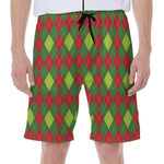 Green And Red Christmas Argyle Print Men's Beach Shorts