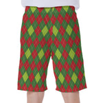 Green And Red Christmas Argyle Print Men's Beach Shorts