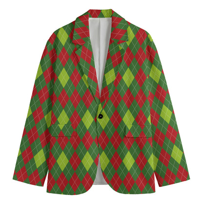 Green And Red Christmas Argyle Print Men's Blazer