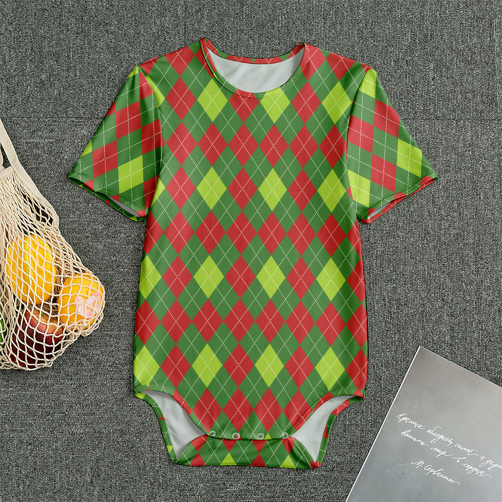 Green And Red Christmas Argyle Print Men's Bodysuit