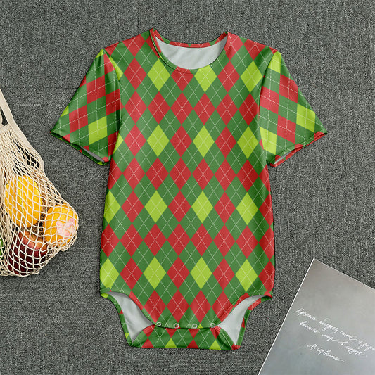 Green And Red Christmas Argyle Print Men's Bodysuit