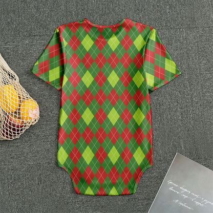 Green And Red Christmas Argyle Print Men's Bodysuit