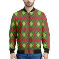 Green And Red Christmas Argyle Print Men's Bomber Jacket