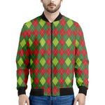 Green And Red Christmas Argyle Print Men's Bomber Jacket