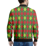 Green And Red Christmas Argyle Print Men's Bomber Jacket