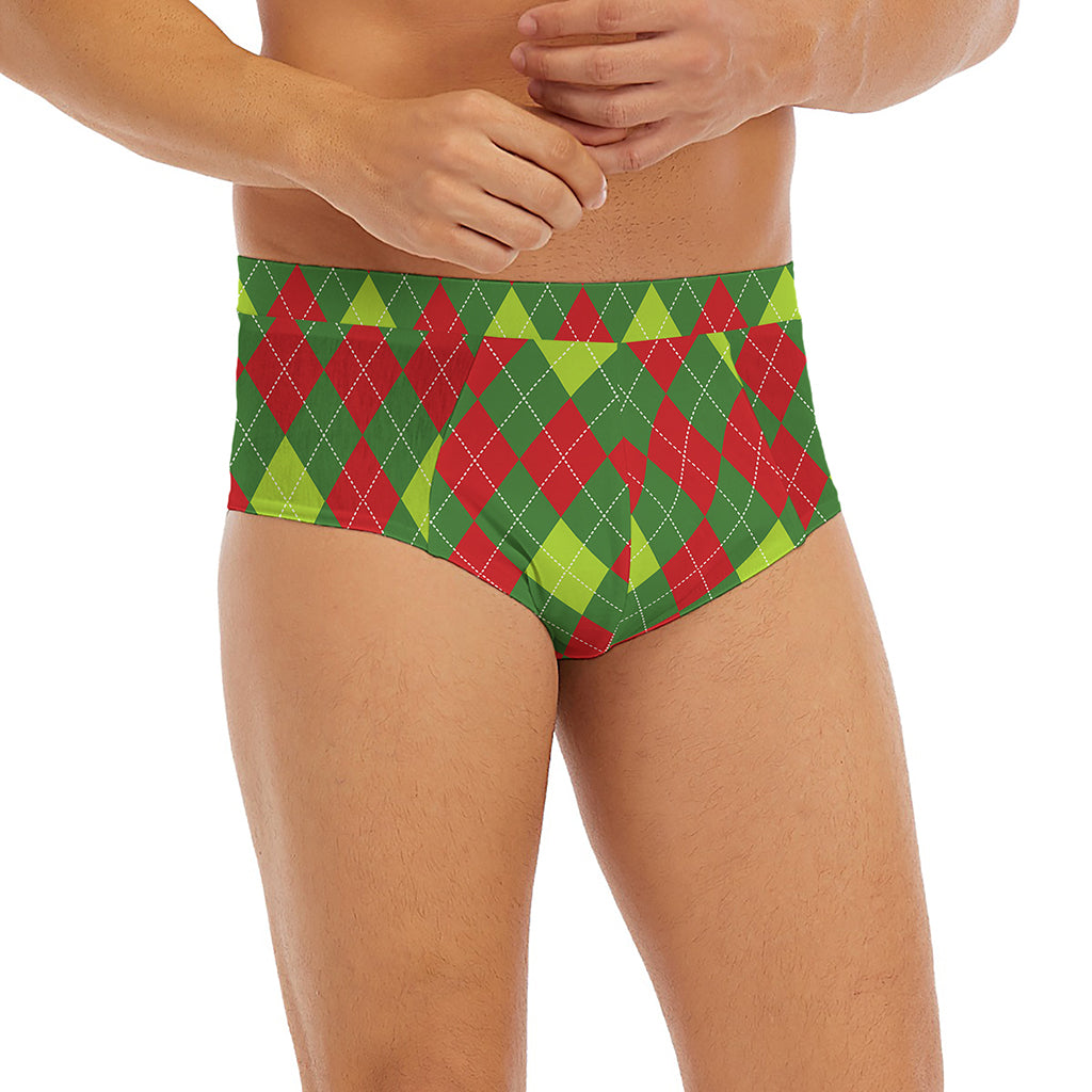Green And Red Christmas Argyle Print Men's Briefs