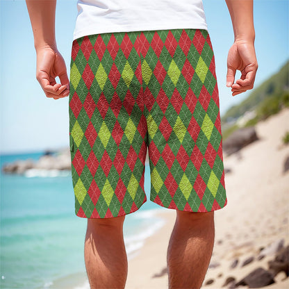 Green And Red Christmas Argyle Print Men's Cargo Shorts