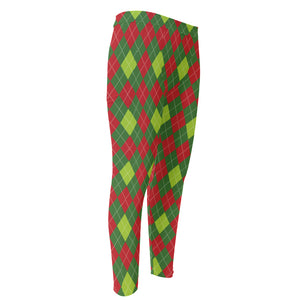 Green And Red Christmas Argyle Print Men's Compression Pants