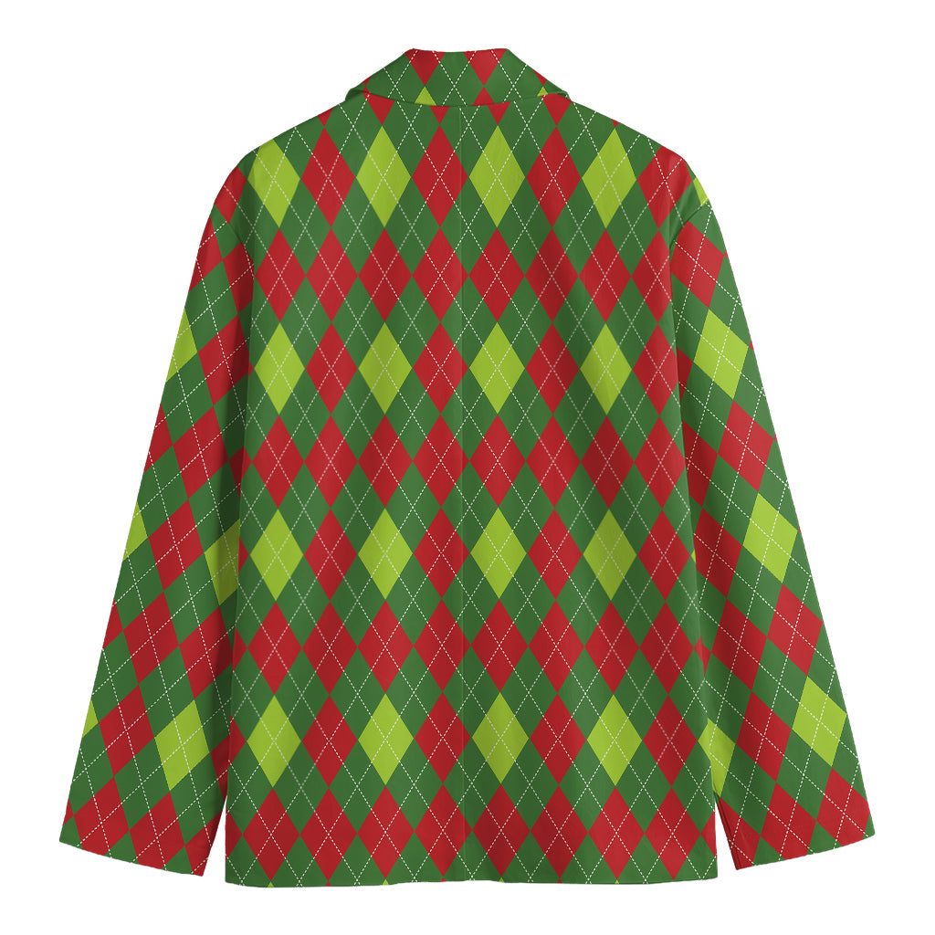 Green And Red Christmas Argyle Print Men's Cotton Blazer