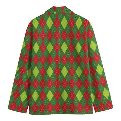 Green And Red Christmas Argyle Print Men's Cotton Blazer