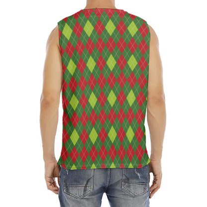 Green And Red Christmas Argyle Print Men's Fitness Tank Top