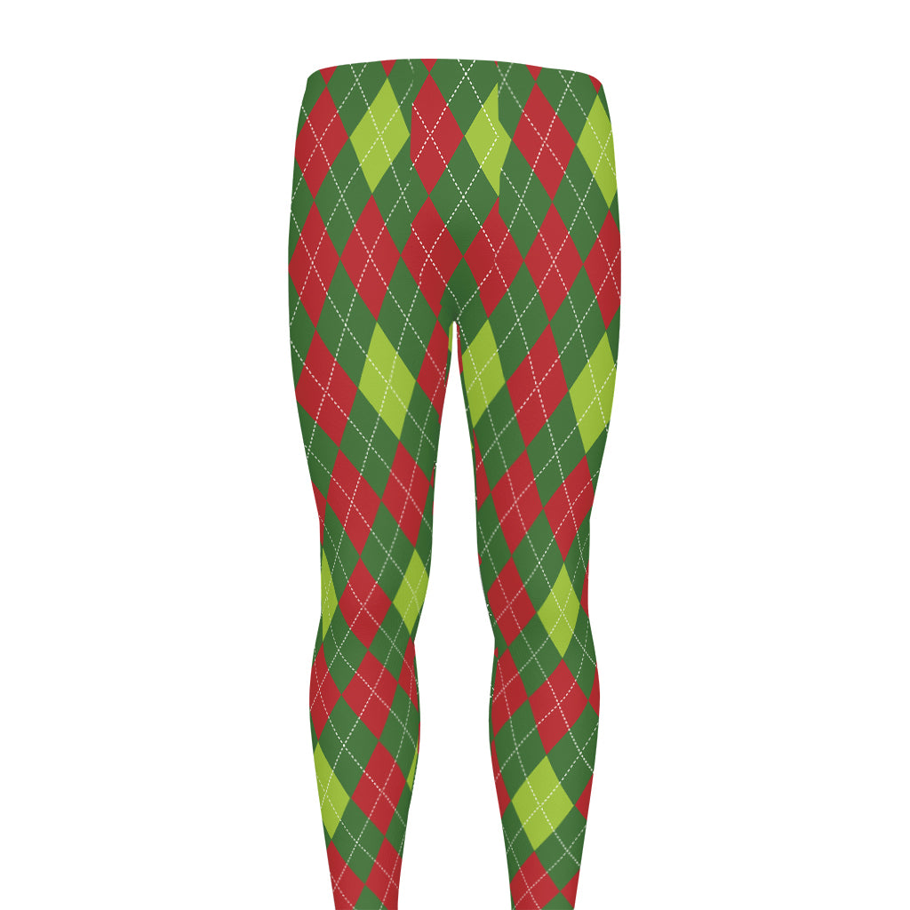 Green And Red Christmas Argyle Print Men's leggings