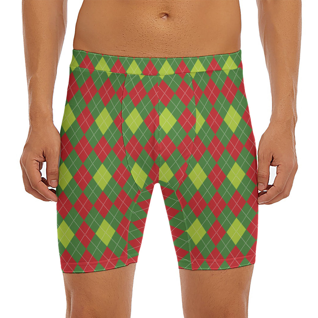 Green And Red Christmas Argyle Print Men's Long Boxer Briefs